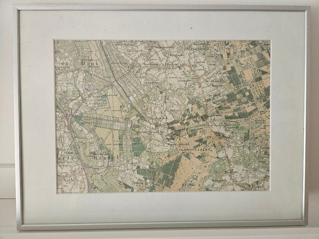 Oude ingelijste kaart van de Mortel, Bakel en omgeving, Gebruikt, Ophalen of Verzenden, Voor 1940, Prent