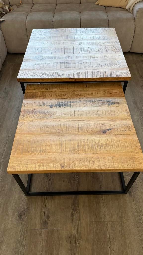 Tweedelige salontafel mangohout met metalen onderstel, Ophalen, Vierkant, Nieuw, 50 tot 100 cm