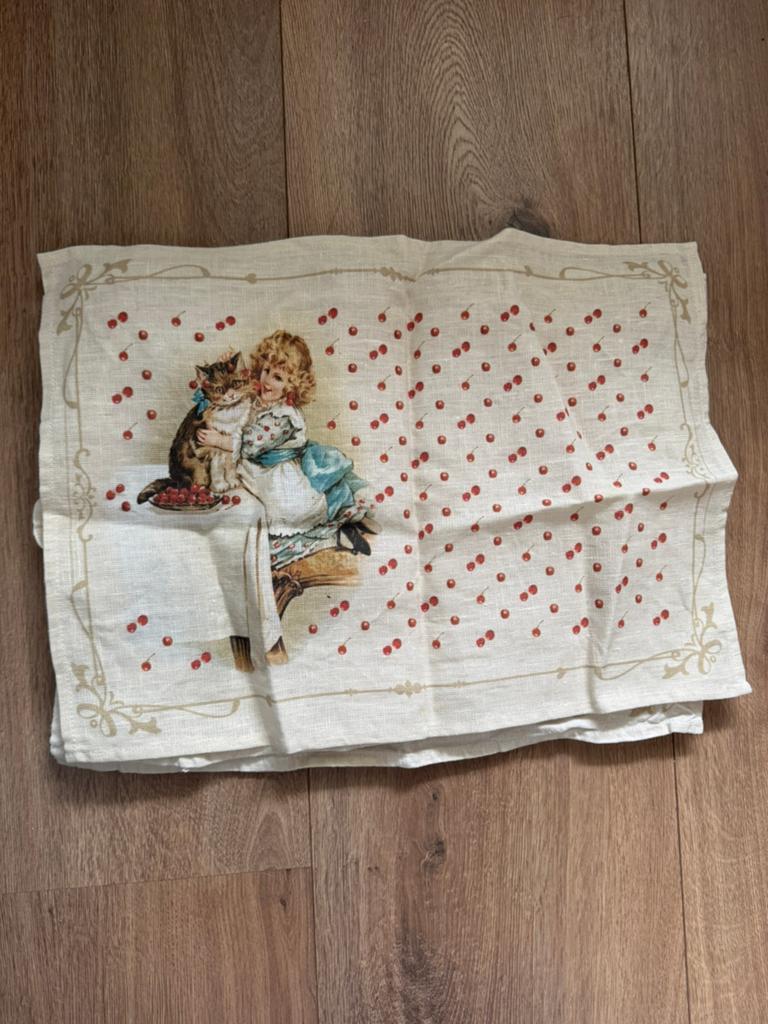 Set van 4 linnen placemats met Meisje met een Kat print, Ophalen of Verzenden, Zo goed als nieuw, Bord