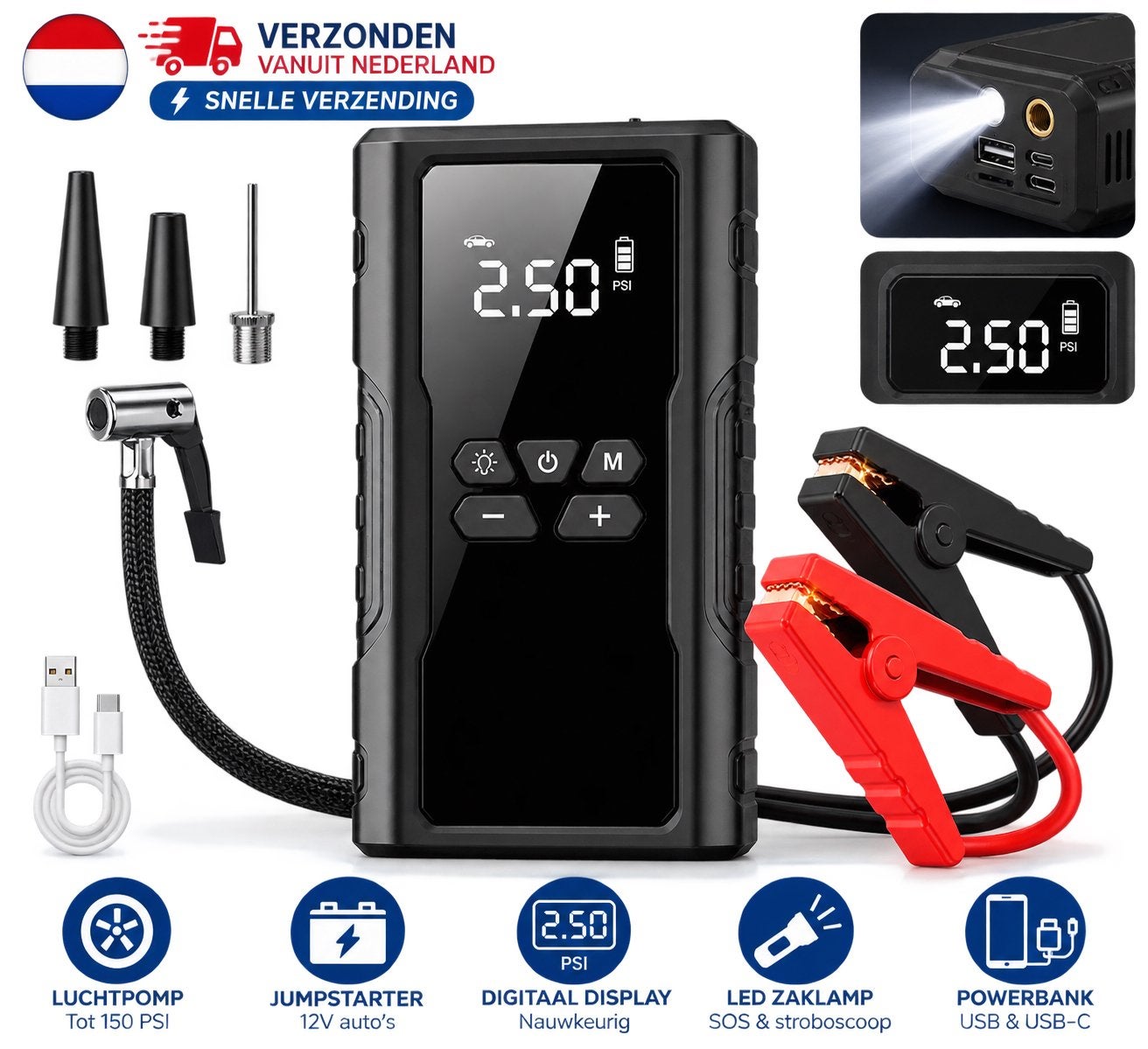 Auto-starthulp met bandenpomp auto motor, Ophalen of Verzenden