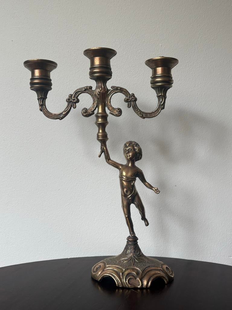 Messing 3-armige kandelaar met Putti, Antiek en Kunst, Ophalen of Verzenden, Koper of Brons