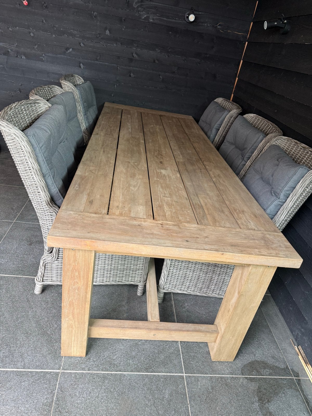Luxe tuinset: Teakhouten tafel met 6 wicker stoelen, Eettafel, 6 zitplaatsen, Teakhout, Ophalen of Verzenden