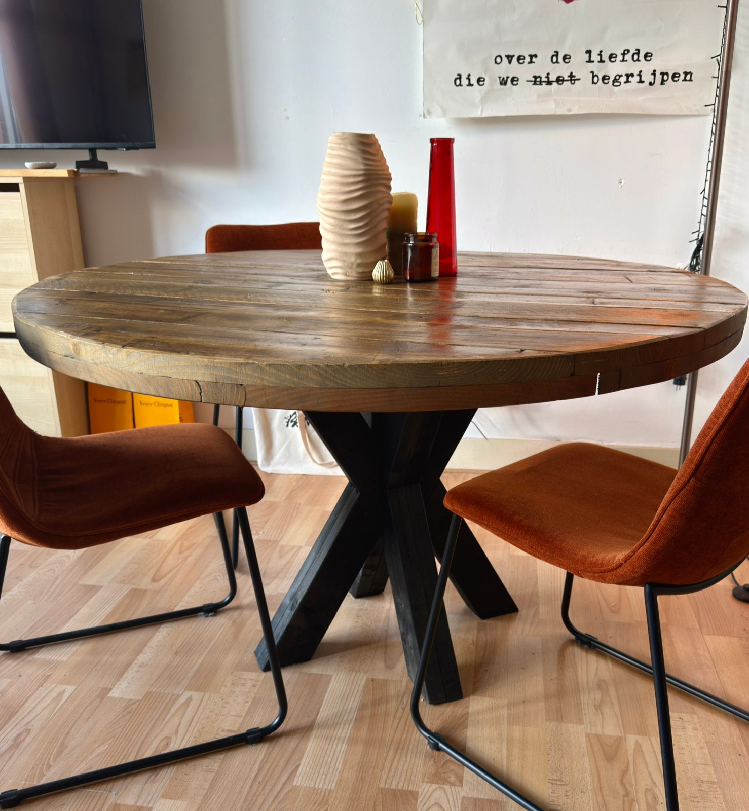 Ronde eettafel van steigerhout - Ø 130cm, Huis en Inrichting, Tafels | Eettafels, Gebruikt, Rond, Ophalen of Verzenden, Vijf personen of meer