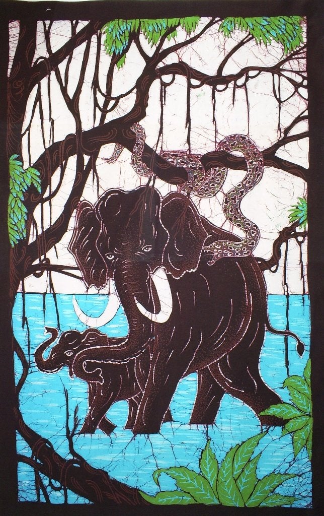 Handgemaakte batik uit Sri Lanka, OLIFANTEN, 57x88 cm katoen, Ophalen of Verzenden