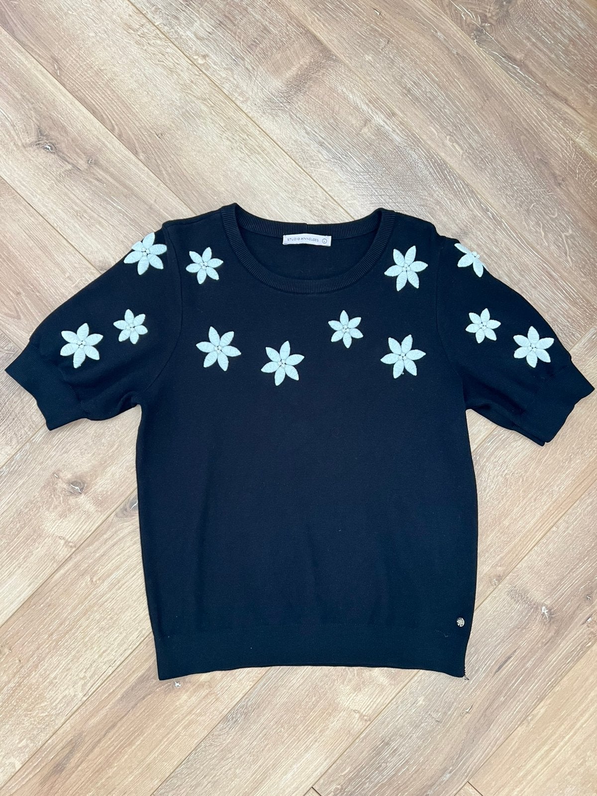 Studio anneloes mayra flower pullover trui L zwart travstof, Zwart, Maat 42/44 (L), Ophalen of Verzenden, Zo goed als nieuw