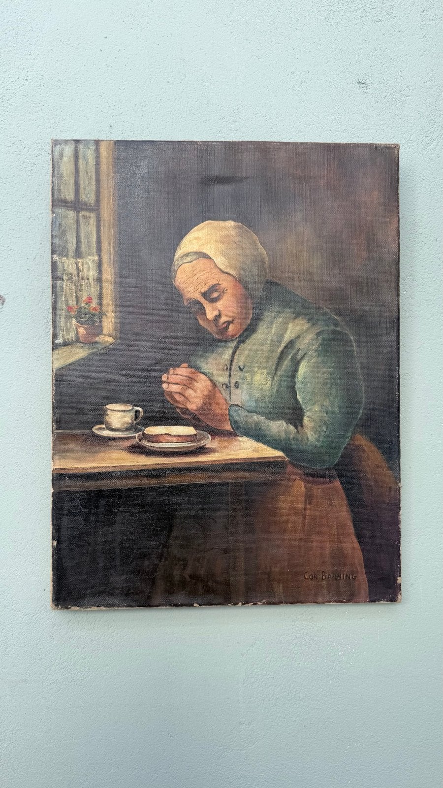 Authentiek olieverfschilderij 'Biddende vrouw Cor Barning, Doek, Portret of Personen, Realistisch, Ophalen of Verzenden