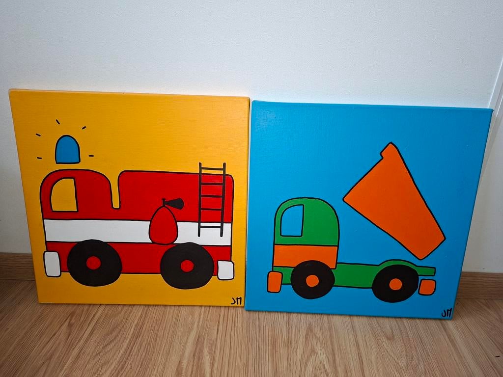 Schilderij brandweer en kiepwagen van petit art, Ophalen of Verzenden, Wanddecoratie
