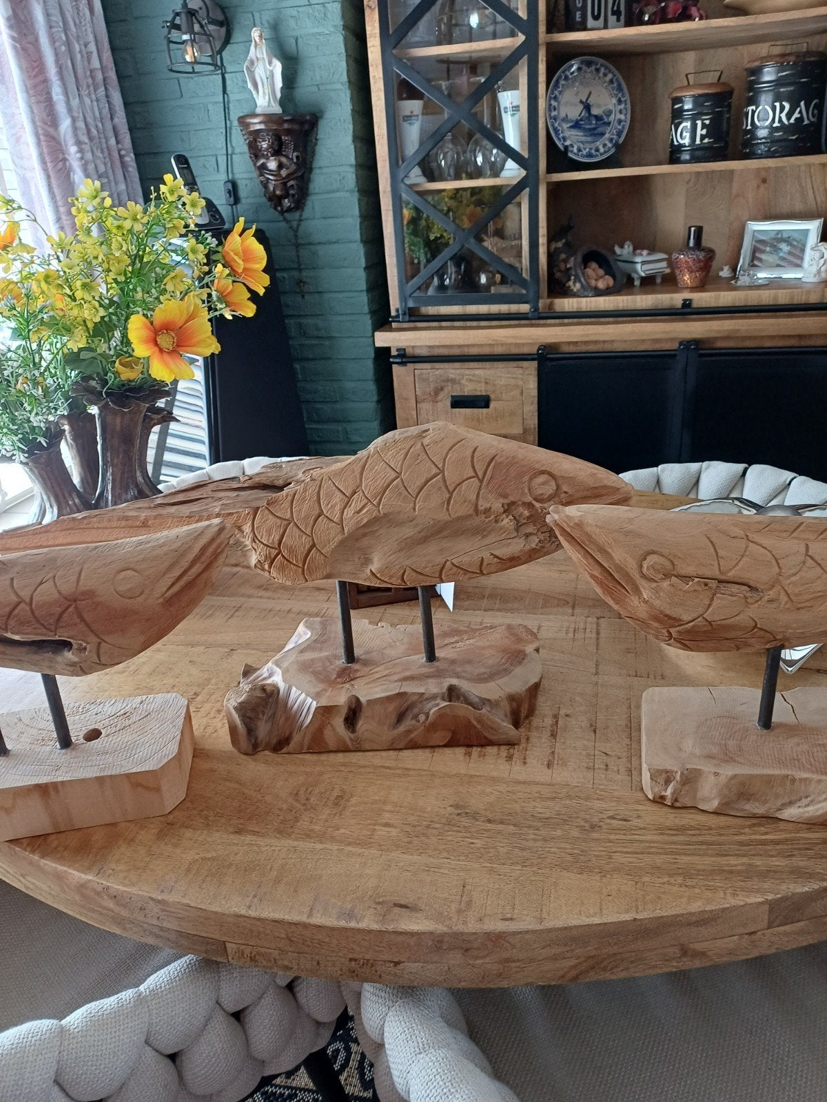 Set van 3 handgesneden drijf houten vissen op standaard, Huis en Inrichting, Woonaccessoires | Overige, Ophalen, Hout, Bruin, Landelijk