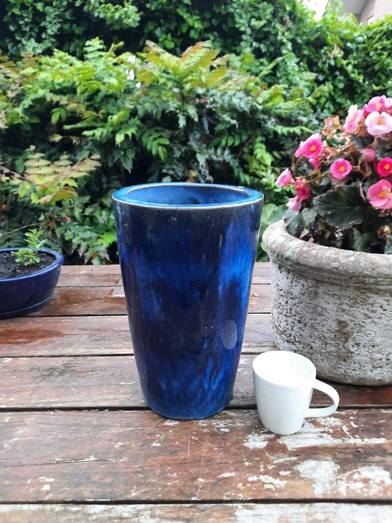 Prachtige grote blauw geglazuurde bloempot  32 cm hoog, Tuin en Terras, Bloempotten, Rond, Zo goed als nieuw, Minder dan 40 cm