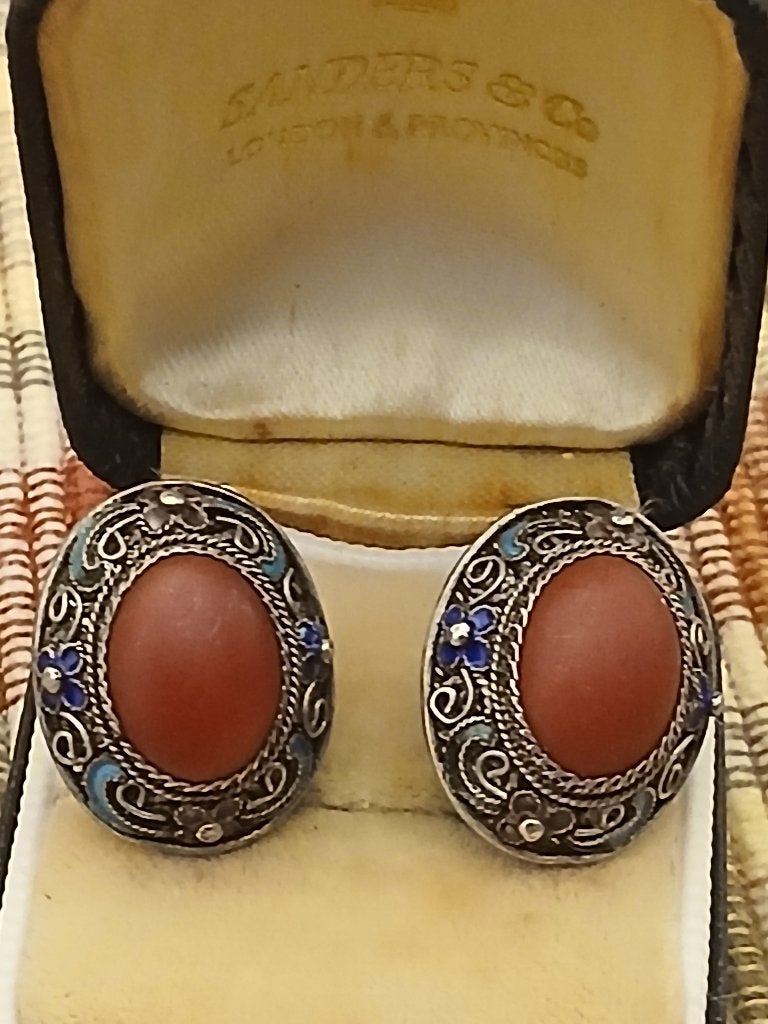Prachtige antieke Chinese oorclips met bloedkoraal, Sieraden, Tassen en Uiterlijk, Antieke sieraden, Verzenden, Zilver, Oorbellen