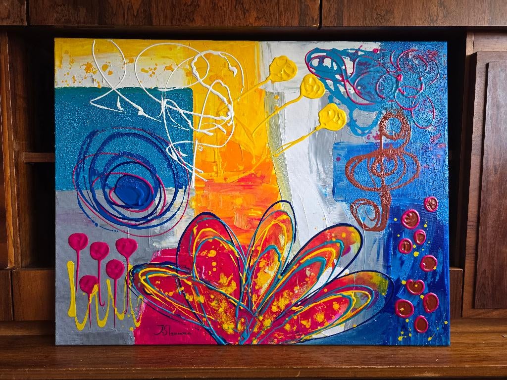 Sound of Flowers - J v Sleeuwen - Schilderij 90x70cm, Ophalen of Verzenden
