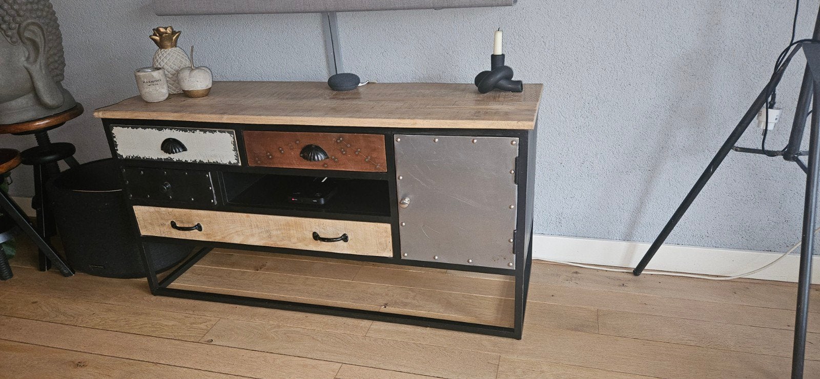 Industrieel TV-meubel met lades en kastje, Gebruikt, 100 tot 150 cm, Minder dan 100 cm, Industrieel