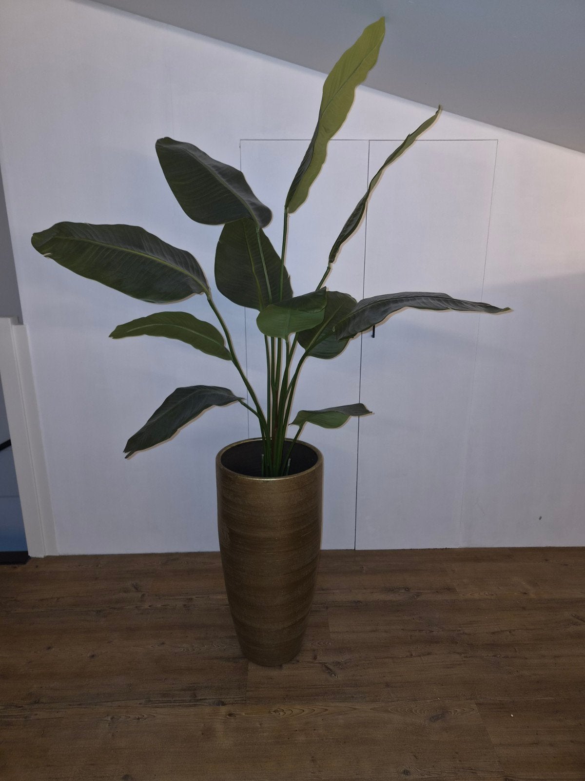 Grote goud vaas pot Floran Moura met zijde strelitzia plant, Ophalen, Inclusief decoratie, Zo goed als nieuw, 70 cm