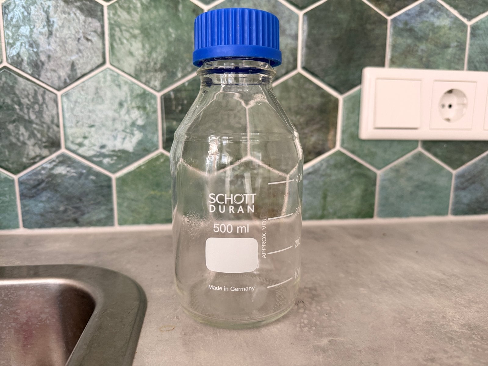 10x SCHOTT DURAN Laboratoriumfles 500 ml met blauwe dop, Ophalen of Verzenden, Gebruikt, Transparant, Glas