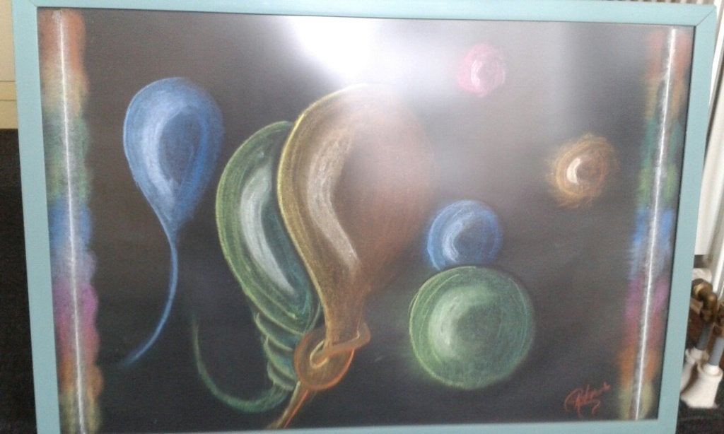 Vintage kunst schilderij ballonnen krijttekening groen, Ophalen of Verzenden, Overige onderwerpen, Bijzondere lijst, Vintage