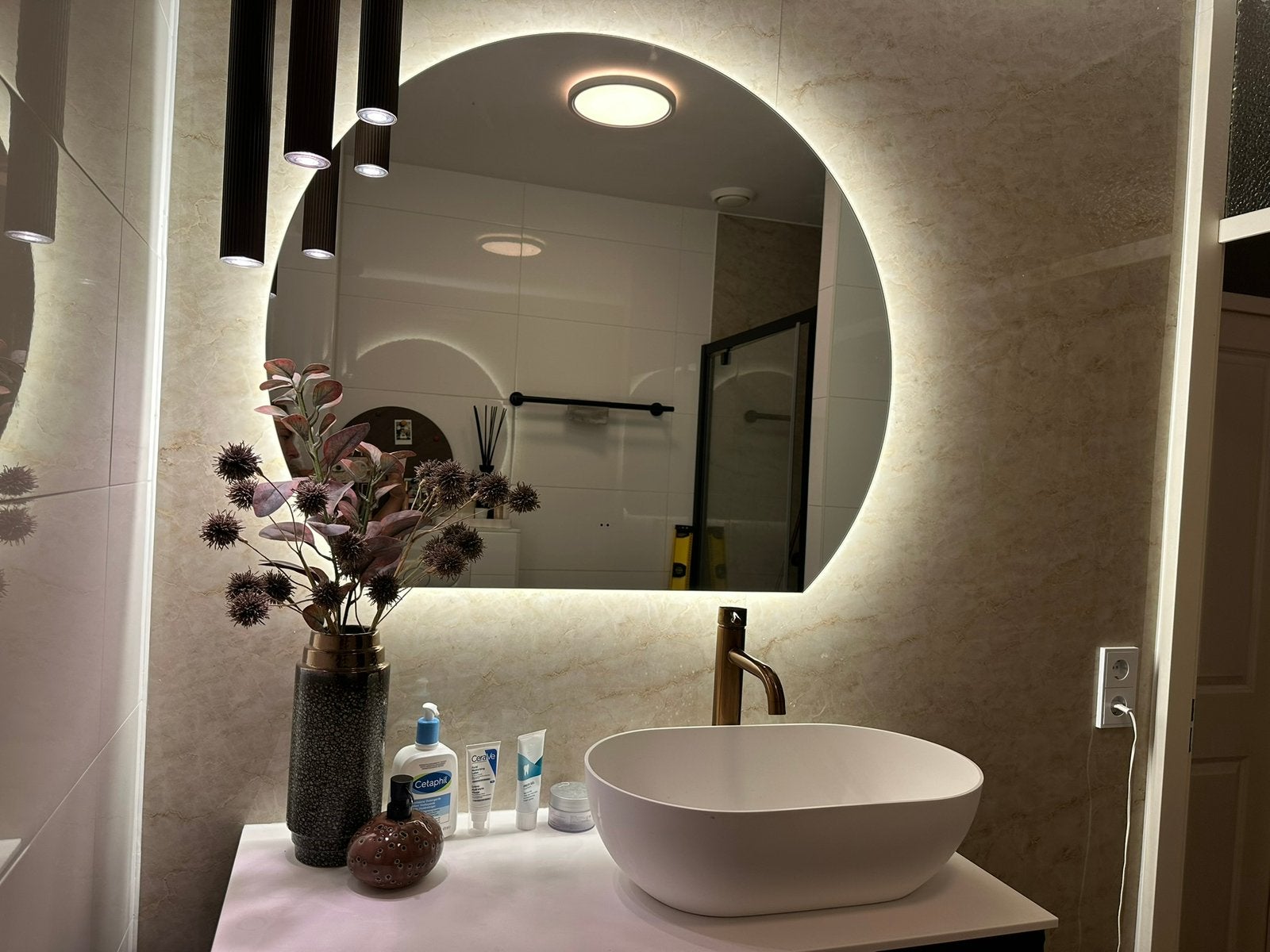 Badkamerspiegel halfrond/circel 100x85,3 cm– met verlichting, Ophalen, Overige typen, 50 tot 100 cm, Zo goed als nieuw