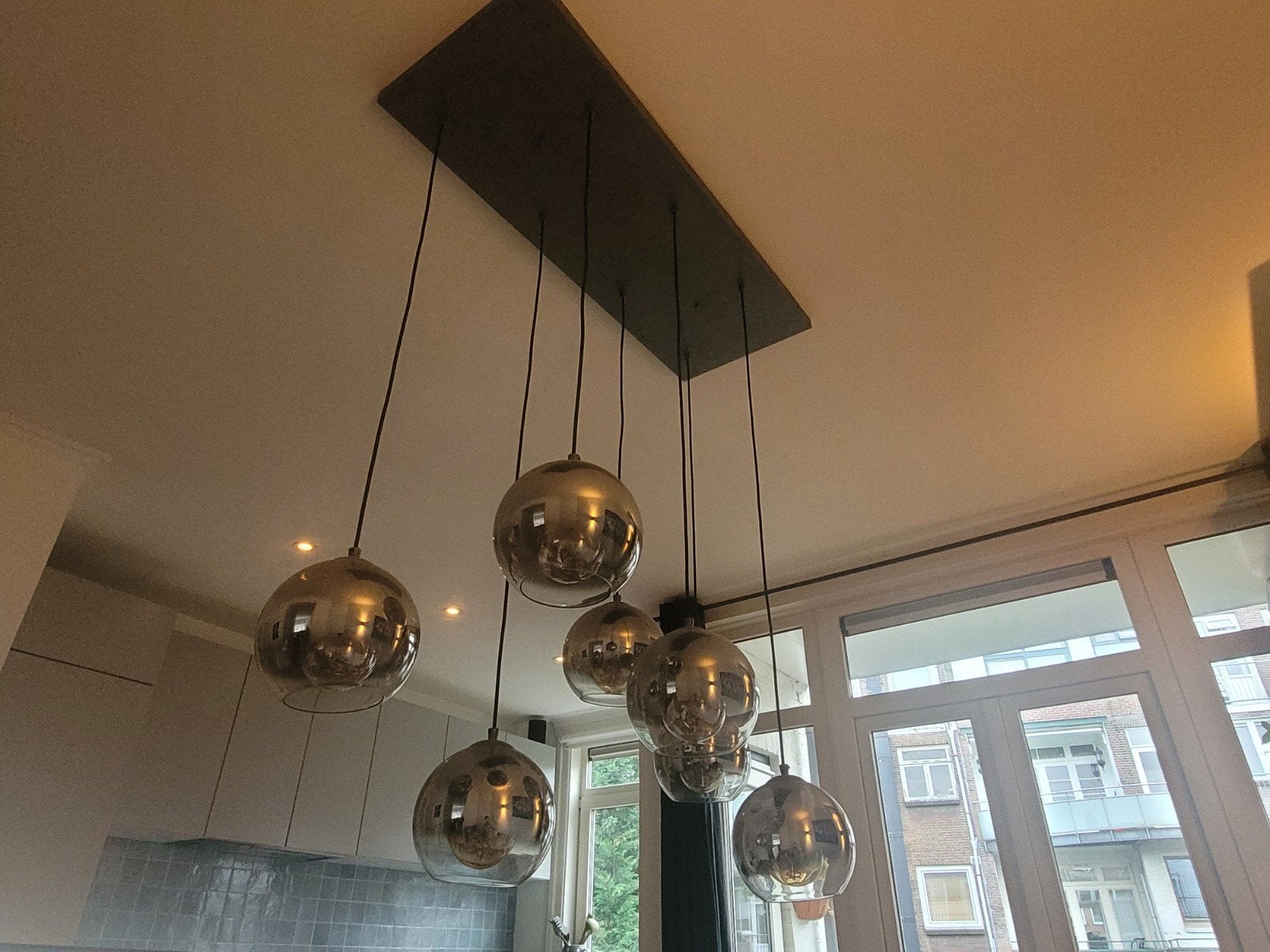 Moderne Hanglamp Bubble Shade 7 lichts Zilver Smoke, Ophalen, Zo goed als nieuw, Glas, 75 cm of meer