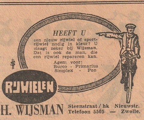 retro reclame 1950 Wijsman Zwolle fietsen rijwielen, Verzamelen, Verzenden, Overige typen