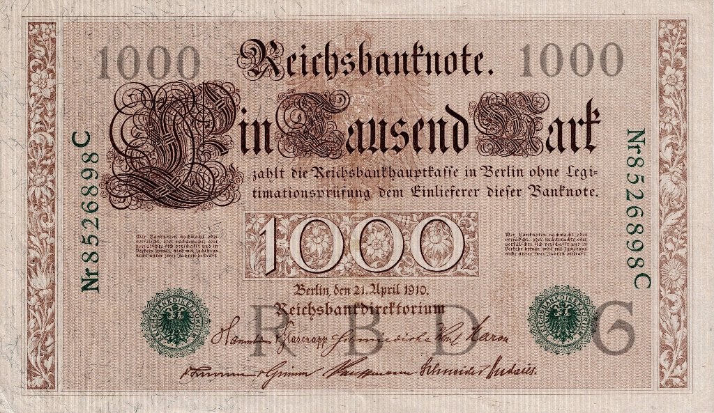 Duits Bankbiljet ‘Ein Tausend Mark’ uitgifte 1910 (groen), Ophalen of Verzenden, Duitsland, Los biljet