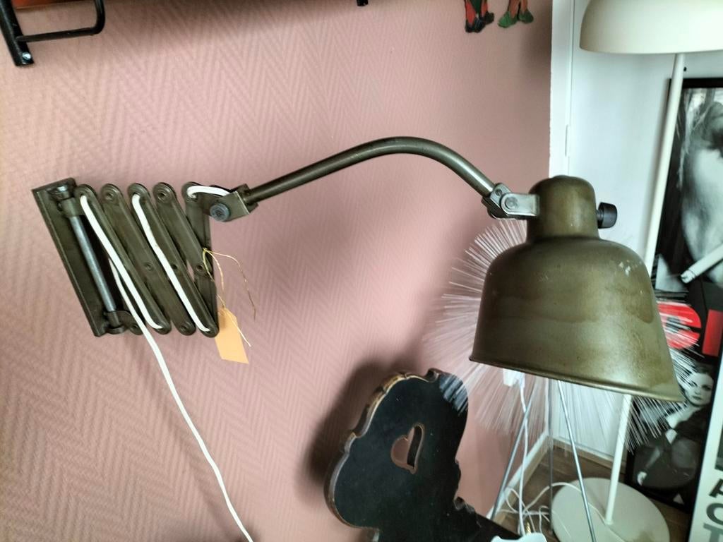 Vintage Legergroene Schaar Lamp industrieel, Huis en Inrichting, Lampen | Wandlampen, Gebruikt, Ophalen of Verzenden, Onbekend