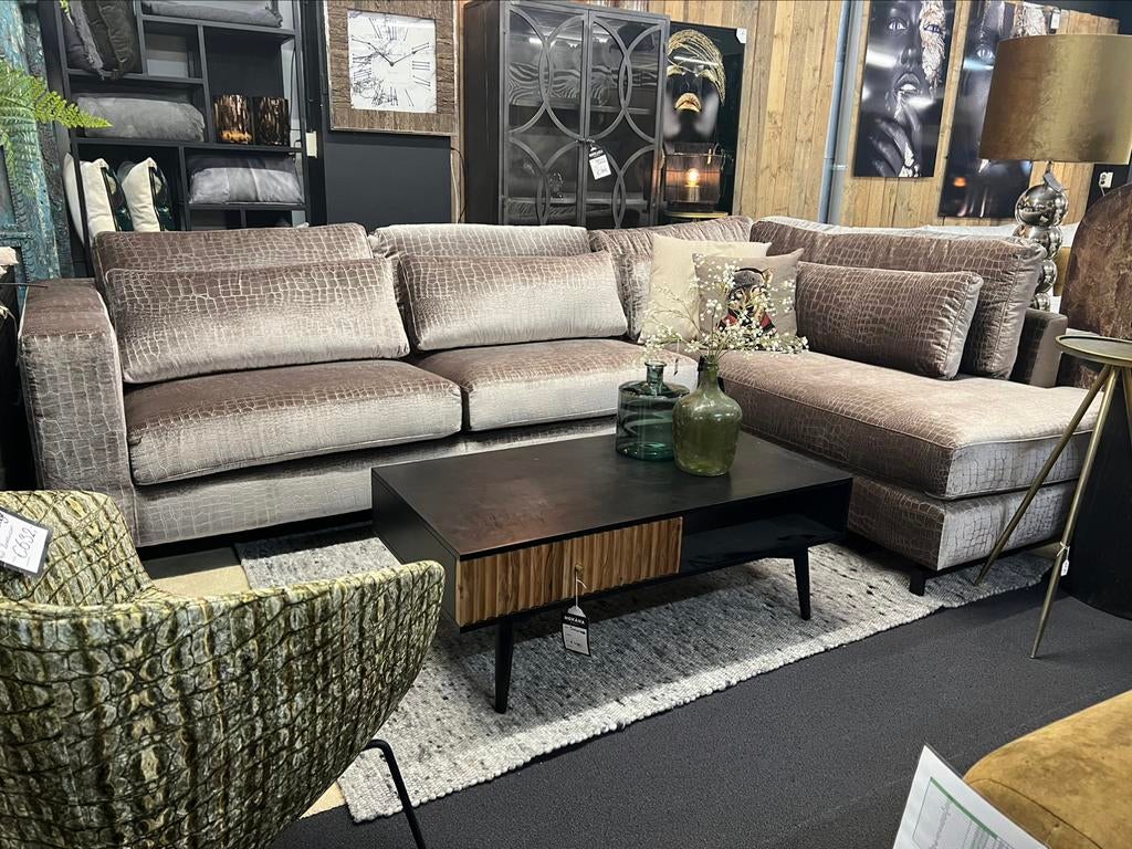 Hoekbank Iris lounge in croco velours 311x226cm, Ophalen of Verzenden, Zo goed als nieuw, Hoekbank, Stof