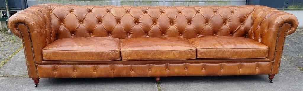 XXL Chesterfield bank vintage bruin cognac leer + BEZORGING, Chesterfield, Nieuw, Leer, Ophalen of Verzenden