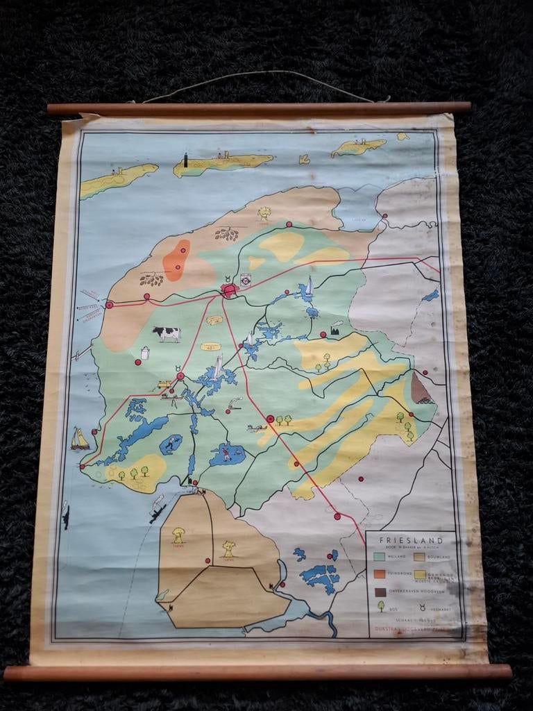 Oude schoolkaart Friesland W Bakker en H Rusch, Antiek en Kunst, Ophalen, Aardrijkskunde