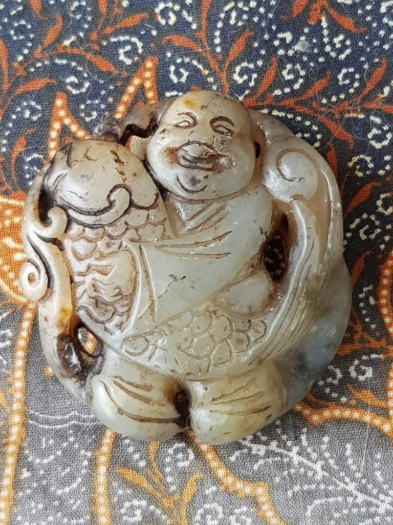 Mooi antiek Chinees jade amulet met Boeddha 5,2 cm., Ophalen of Verzenden