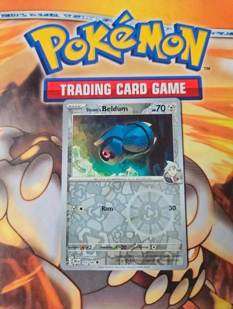 Steven's Beldum 143/182 Destined Rivals reverse holo nm-mint, Ophalen of Verzenden, Zo goed als nieuw, Losse kaart, Foil