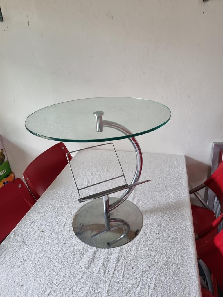 Vintage bijzettafel glas chroom krantenbak, Minder dan 55 cm, Rond, Glas, Ophalen