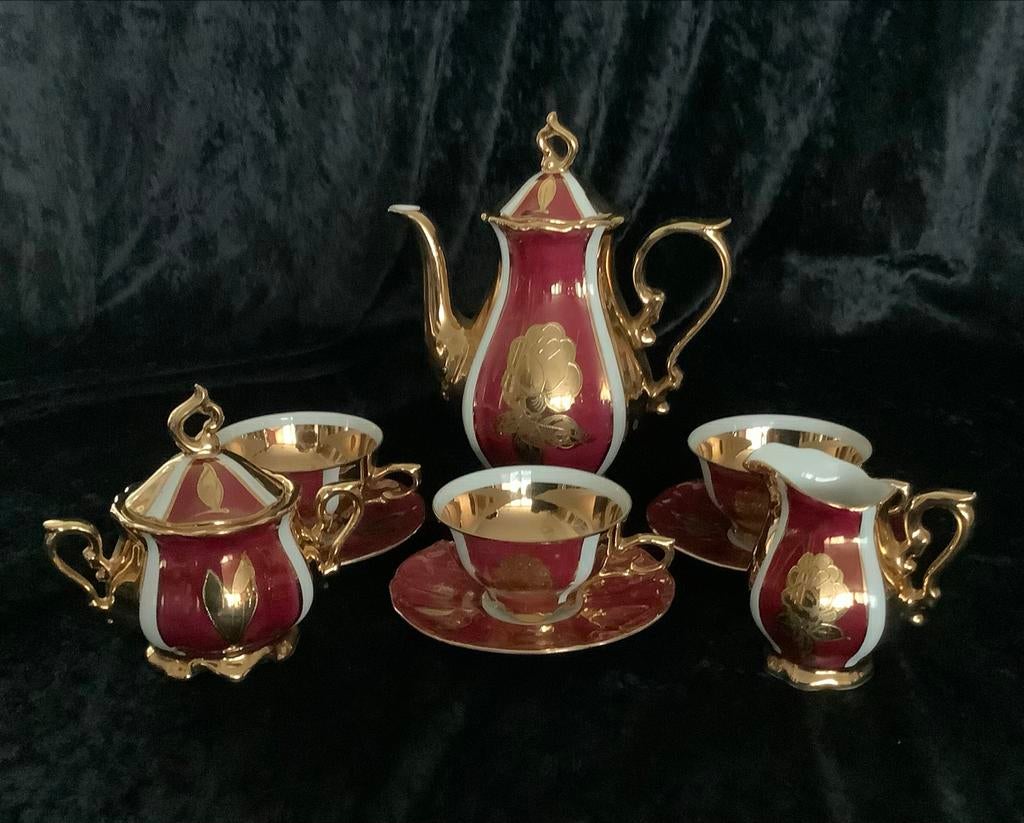 Bavaria Schaller Wiesau Mocca Servies ❤️ Bladgoud Kitsch, Antiek en Kunst, Antiek | Servies compleet, Ophalen of Verzenden