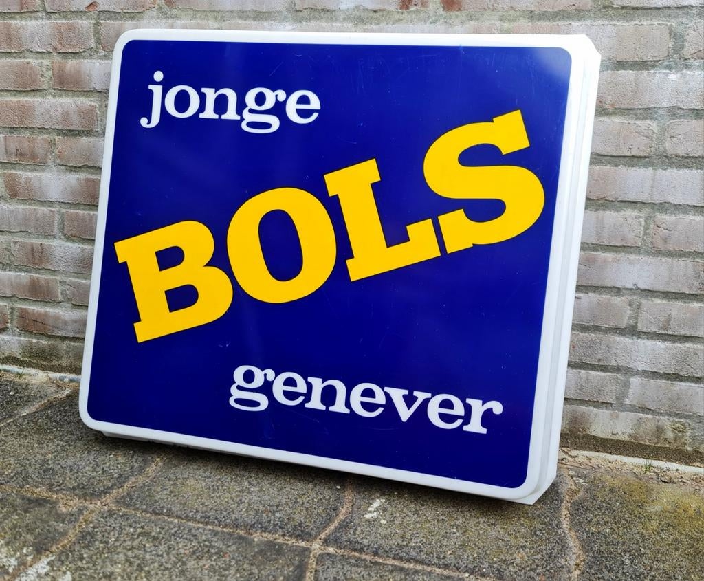 BOLS JONGE GENEVER reclamebord kunststof blauw geel wit top, Ophalen, Gebruikt, Lichtbak of (neon) lamp