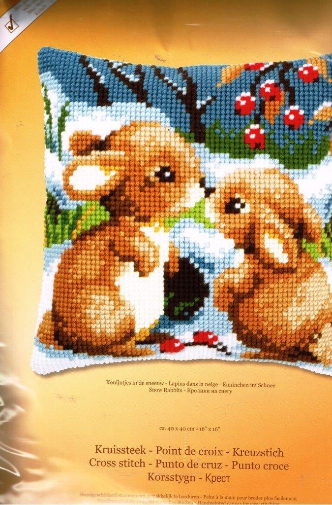 Cado vervaco borduurpakket kussen 2 konijntjes in de sneeuw, Ophalen of Verzenden, Nieuw, Handborduren, Borduurpakket