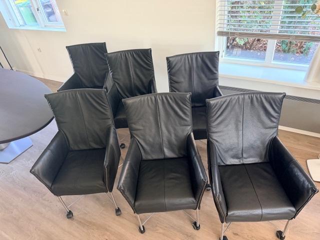 Set 6 x Montis Chaplin designstoelen zwart leer RVS, Huis en Inrichting, Stoelen, Ophalen, Zwart, Leer, Zo goed als nieuw