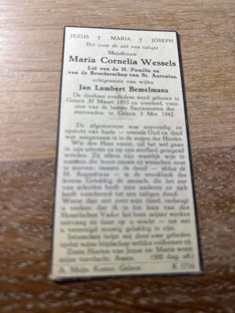 Wessels Maria 1853 Geleen 1942 x Bemelmans - 28410, Ophalen of Verzenden, Bidprentje