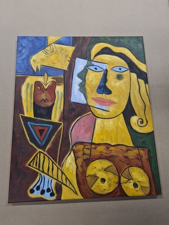 Abstract Schilderij: Vrouw, Vis en Vogel, Ophalen