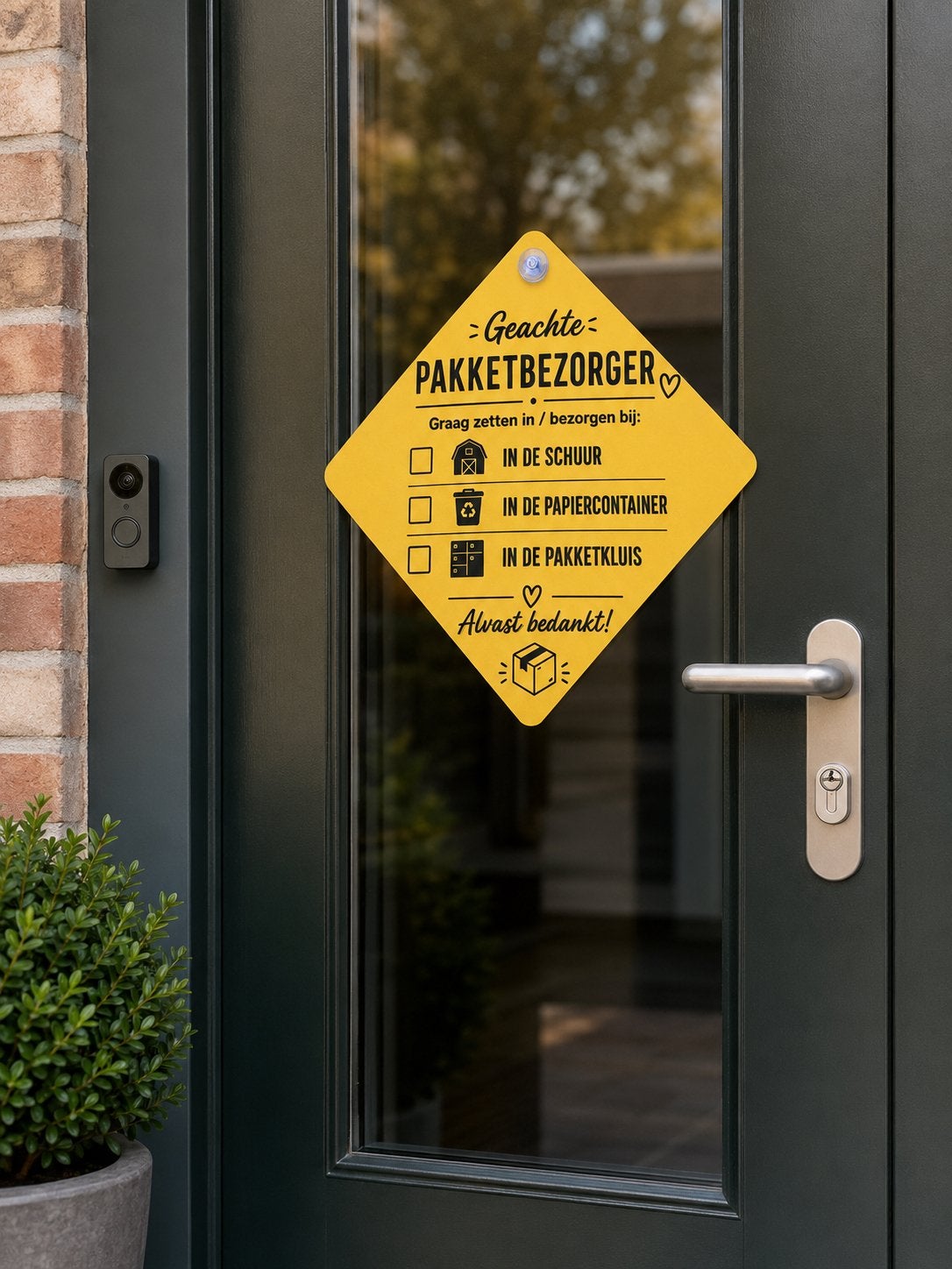 Nieuw zelfgemaakt pakketbezorger bordje, Ophalen of Verzenden, Nieuw, Geel, Kunststof