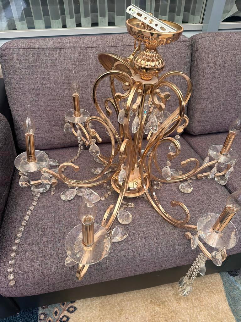 Gouden Kroonluchter met Kristallen - Klassiek Design, Huis en Inrichting, Lampen | Kroonluchters, Ophalen of Verzenden, Gebruikt
