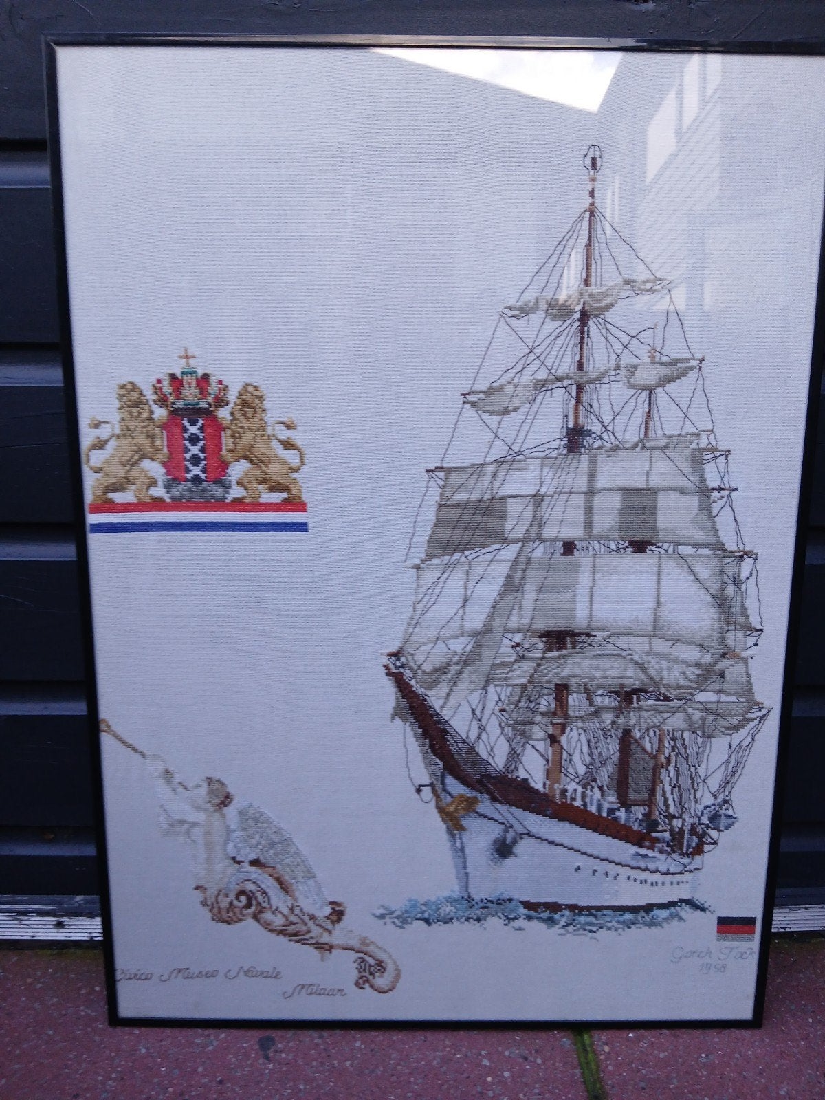 geborduurd schip in lijst, Ophalen, Zeilboot