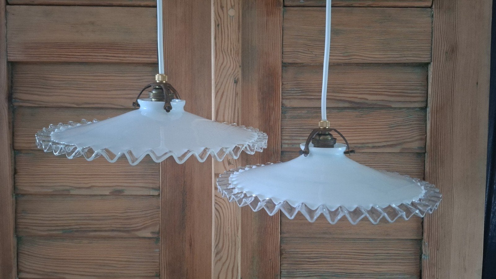 Opaline glazen hanglampen , vintage wit glas hanglamp, Ophalen of Verzenden