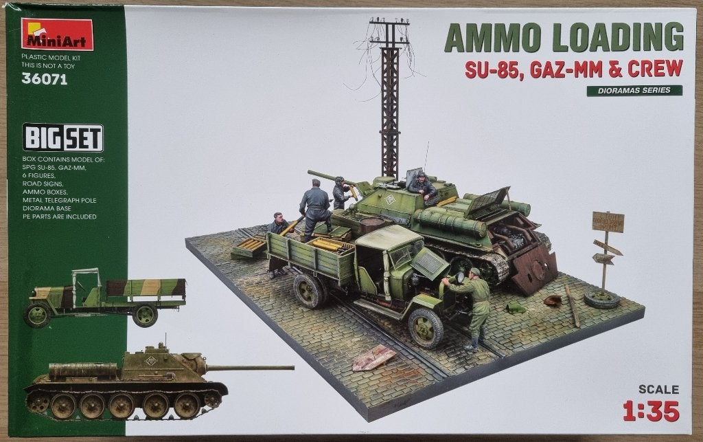 MiniArt #36071 1:35 WWII Ammo Loading SU-85, GAZ-MM & Crew, Ophalen of Verzenden, Nieuw, 1:35 tot 1:50, Diorama