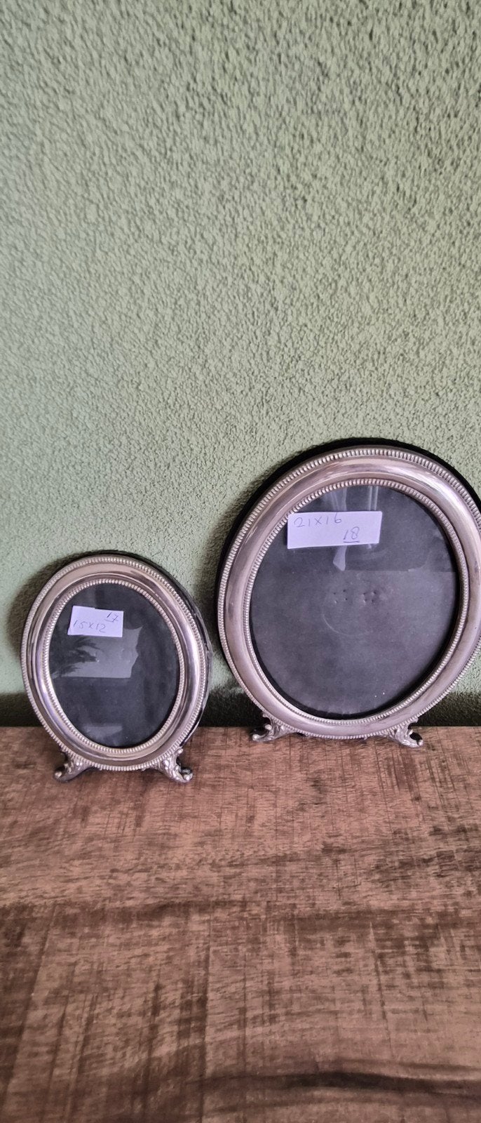 2 Vintage Ovale Verzilverde Lijstjes met Parelrand, Gebruikt, Met sierrand, Ophalen of Verzenden, Fotolijst