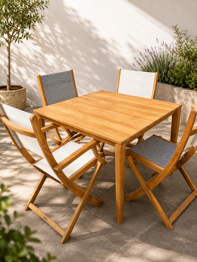 Teak tafel met vier stoelen, Tuin en Terras, Tuinsets en Loungesets, Ophalen, 4 zitplaatsen, Teakhout, Nieuw