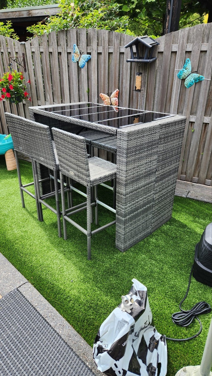 Wicker bartafel met 6 barkrukken en 6 kussentjes - Grijs, Tuin en Terras, Ophalen, Rechthoekig, Wicker