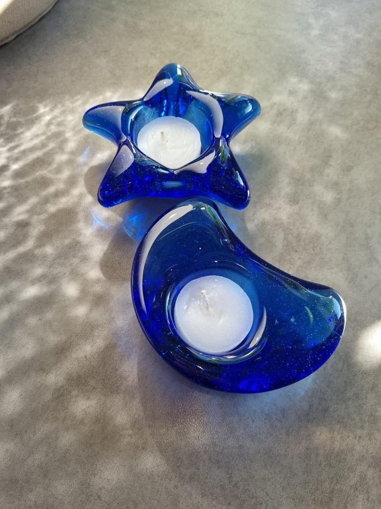Retro theelichthouders |  set maan & ster | kobaltblauw glas, Overige materialen, Blauw, Ophalen of Verzenden, Zo goed als nieuw