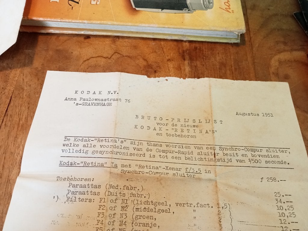 Kodak Retina originele prijslijst  1951, Ophalen of Verzenden, 1940 tot 1960, Overige typen