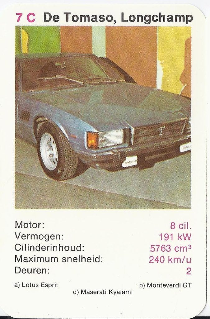 X4 autokaartje de tomaso longchamp ( 7c ), Ophalen of Verzenden, Zo goed als nieuw, Auto's