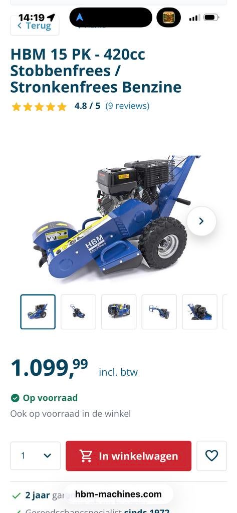 HBM 15 PK - 420cc Stobbenfrees / Stronkenfrees Benzine, Ophalen, Zo goed als nieuw, Benzine