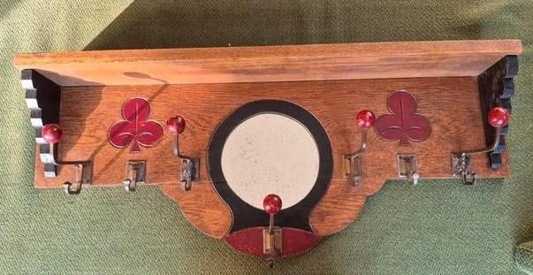 Antieke houten kapstok met spiegel en hoedenplank, Gebruikt, Minder dan 100 cm, Hout, Ophalen