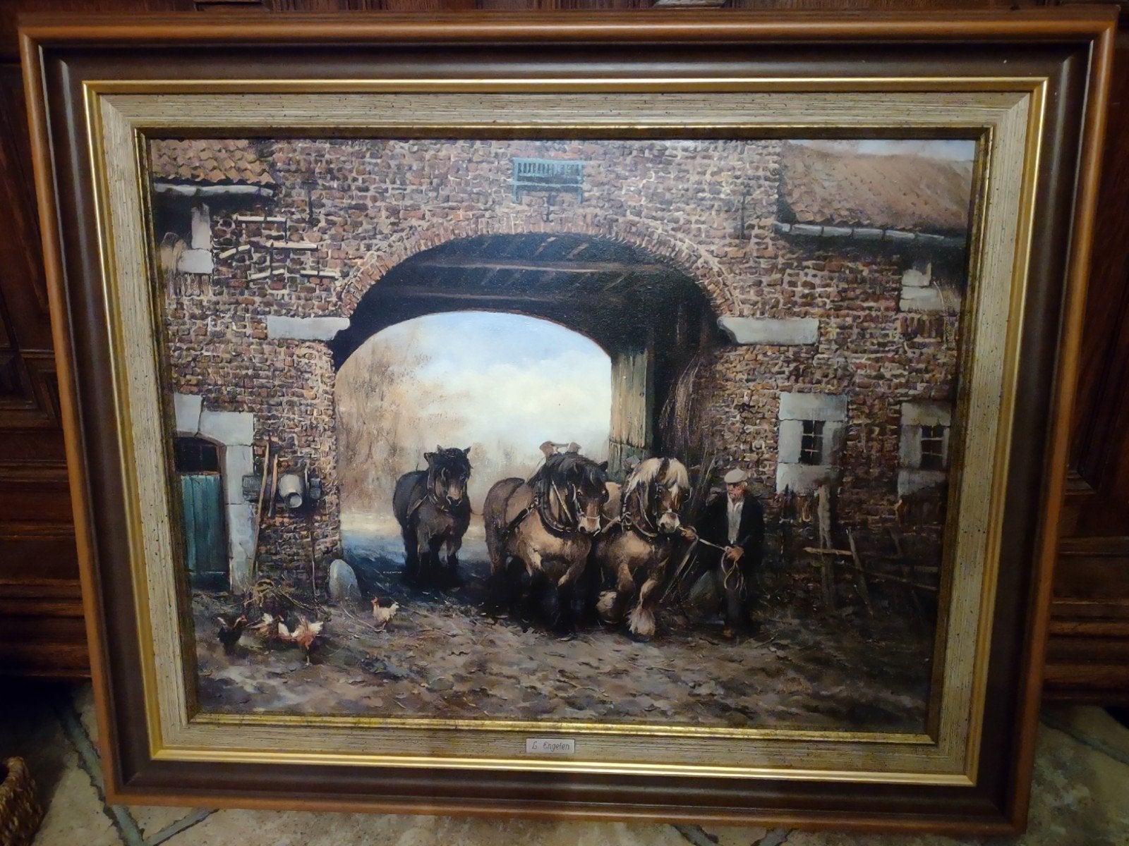 Klassiek schilderij: Boer met paarden onder poort, Ophalen